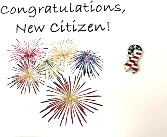 New Citizen Congratulations Card Fireworks and USA Ribbon Pin Gift Set